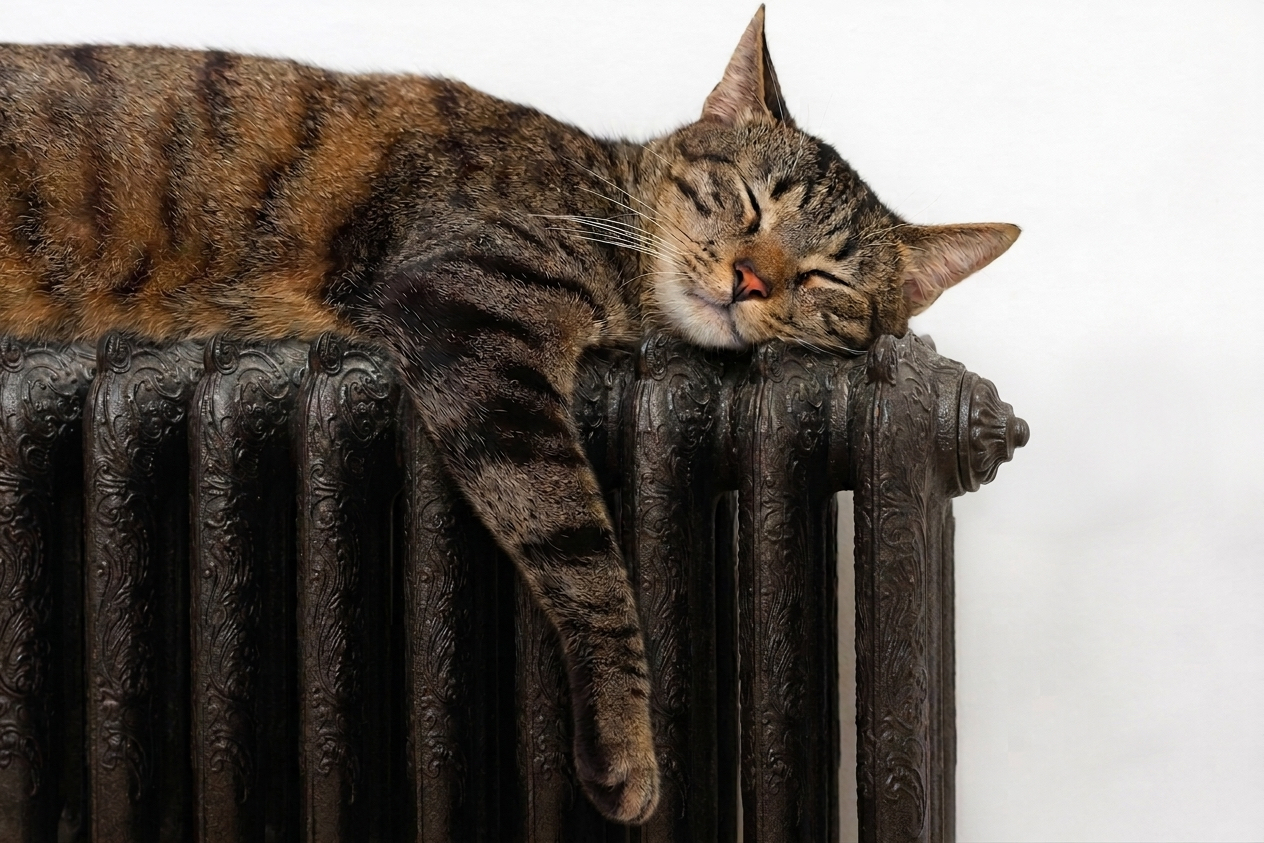 Cat resting on a historic cast iron radiator